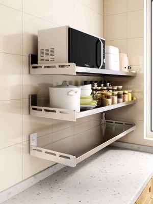 304不锈钢壁挂厨房置物架墙上微波炉烤箱收纳支架子免打孔多功能