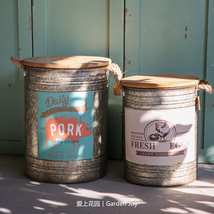 爱上花园丨园艺杂货 花园庭院摆件 麻绳双耳木盖铁皮桶收纳桶88