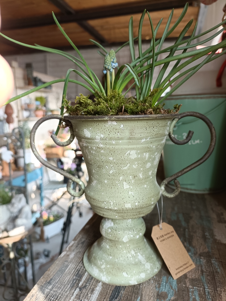 爱上花园丨园艺杂货 铁艺铁皮做旧花复古绿奖杯酒杯