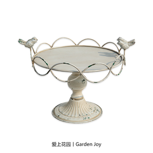 爱上花园 园艺杂货 铁艺做旧铁皮庭院装饰 白色双鸟平面圆托盘