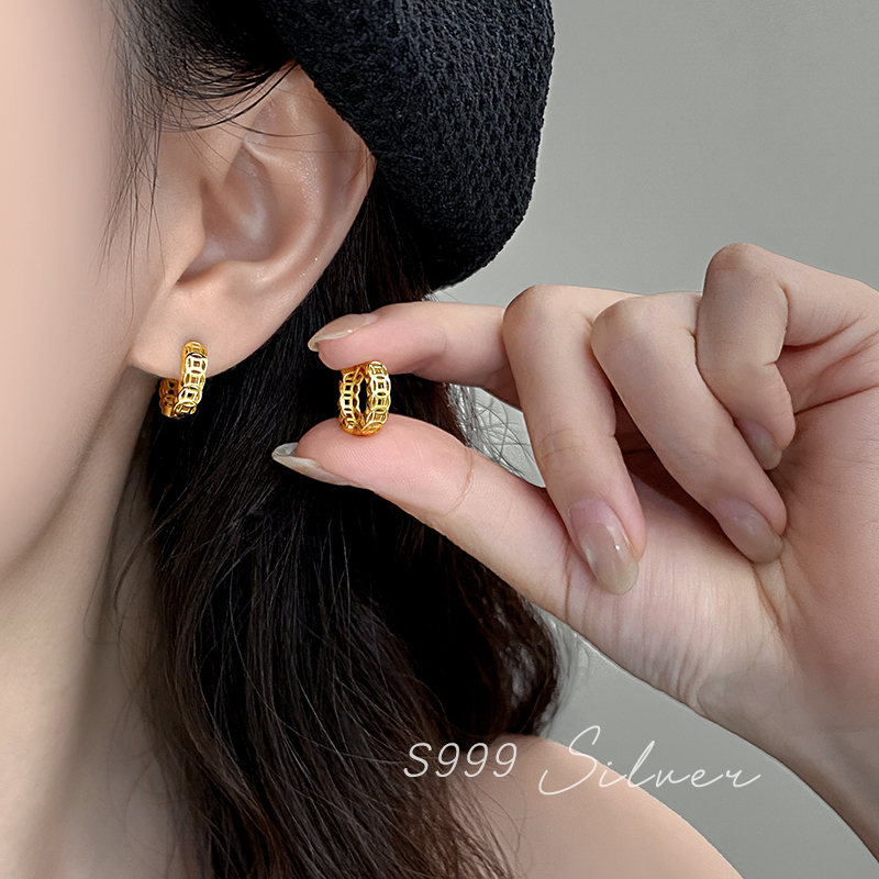 999纯银耳针招财铜钱耳环新中式