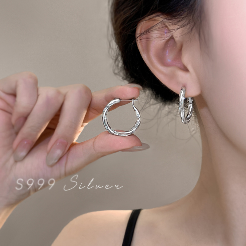 999纯银耳针素圈耳环扭纹高级感