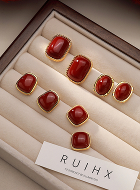 999纯银耳针耳钉安可拉红色耳环几何高级复古秋冬耳饰2025年爆款