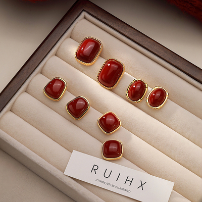 999纯银针耳钉红色复古港风耳饰