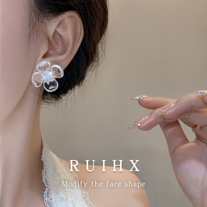 999纯银耳针水晶花朵耳钉气质