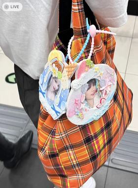 高颜值格子帆布包上课大容量通勤单肩包手提包复古格纹橙色托特包