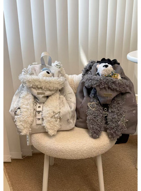 兔耳朵双肩包毛毛包百搭时尚上班通勤小背包毛绒包大学生上课书包