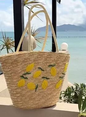 2026新款草编包女百搭单肩包高级感通勤手提托特包柠檬刺绣编织包