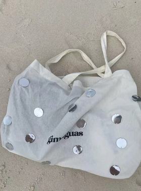 时尚亮片韩系字母帆布托特包大容量休闲百搭日常通勤单肩手提包袋