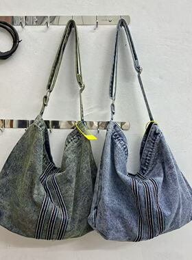 韩系慵懒风牛仔包水洗牛仔布学生上课大容量通勤托特包单肩斜挎包
