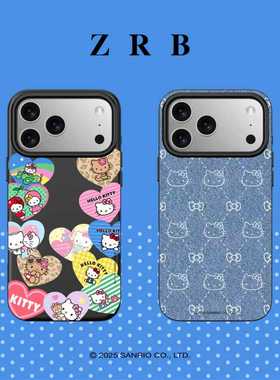 zrb KITTY猫系列适用苹果15/16promax手机壳牛仔格纹可爱磨砂软壳
