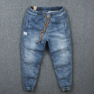 复古牛仔裤男春秋款2022新款潮牌宽松怀旧水洗抽绳束脚裤休闲裤子