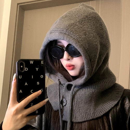 韩国巴拉克拉法帽子女冬季保暖连帽围脖一体针织毛线帽护耳套头帽