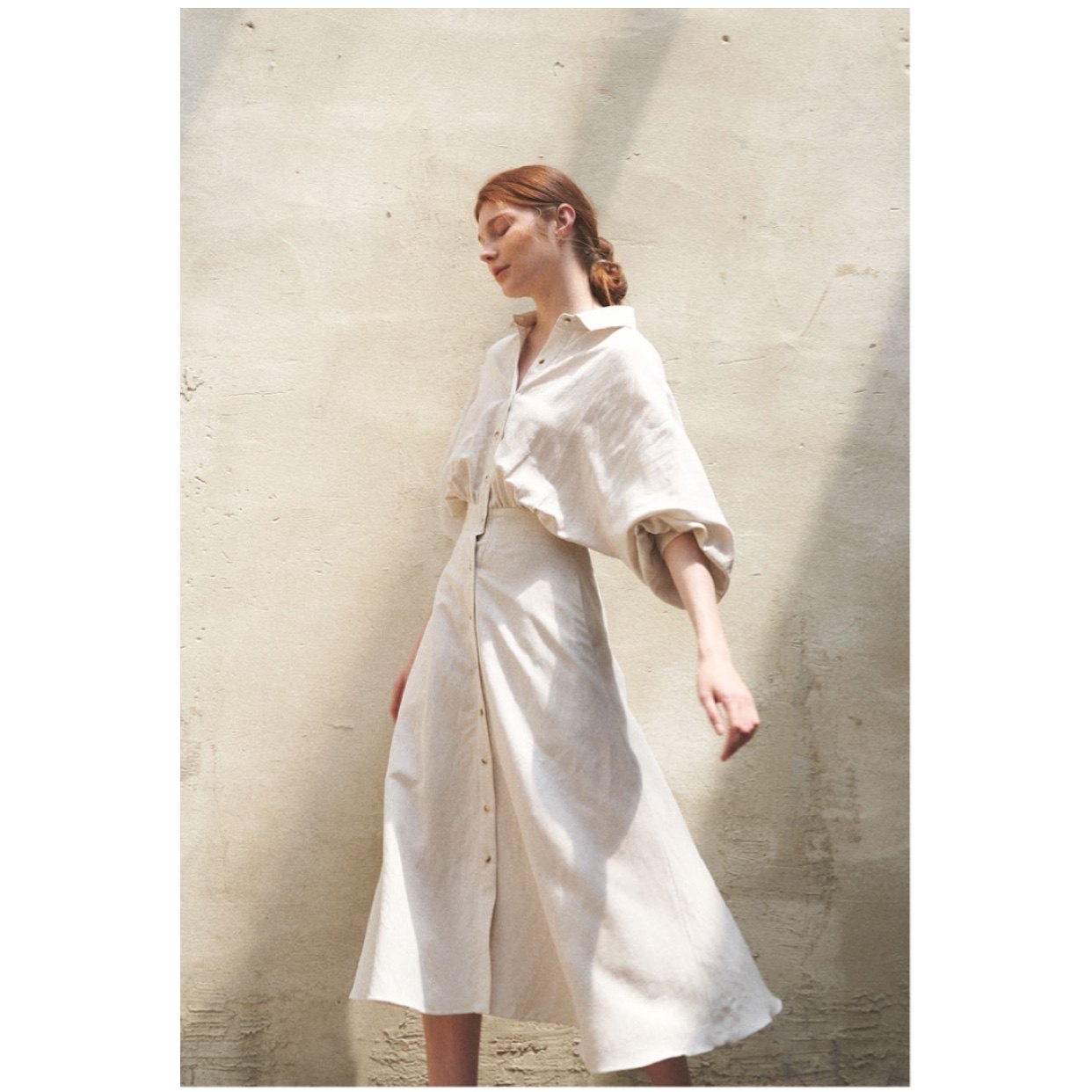 春夏新品申世景run on同款亚麻白色蝙蝠袖收腰a摆显瘦长裙连衣裙