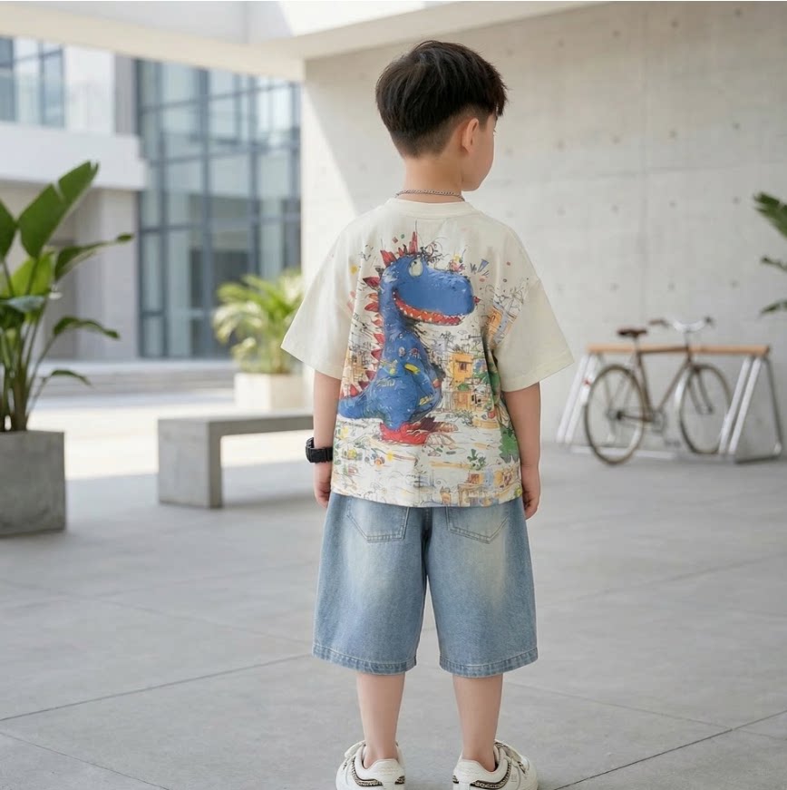 韩版男童卡通恐龙印花短袖T恤牛仔中裤两件套夏季宝宝帅气套装