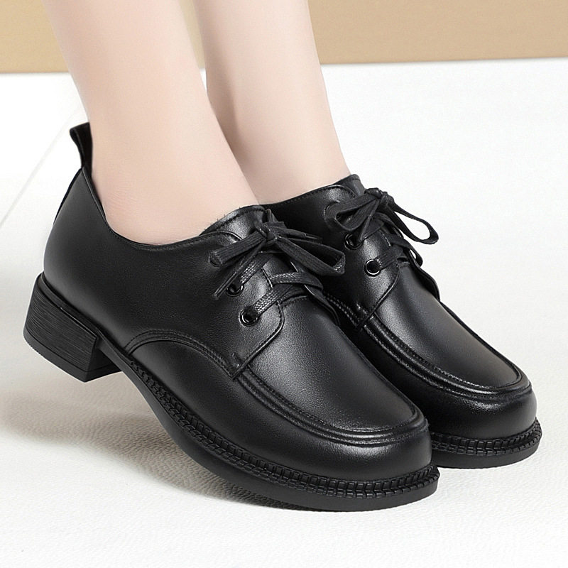 真皮单鞋女2024年春季新款粗跟软底厚底乐福鞋女英伦风系带小皮鞋