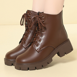 真皮马丁靴女2025冬季新款粗跟棉鞋加绒棕色加厚英伦风厚底短靴子