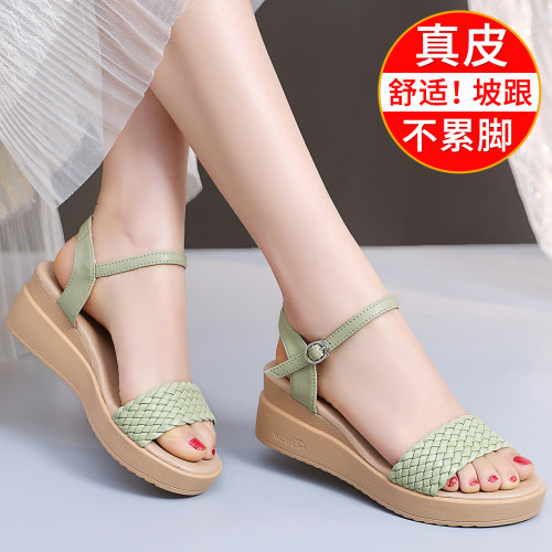 坡跟凉鞋真皮中跟厚底仙女风鞋子