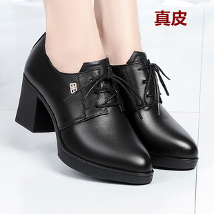 粗跟系带小皮鞋 女英伦风春秋中跟工作单鞋 女2025新款 高跟加绒女鞋
