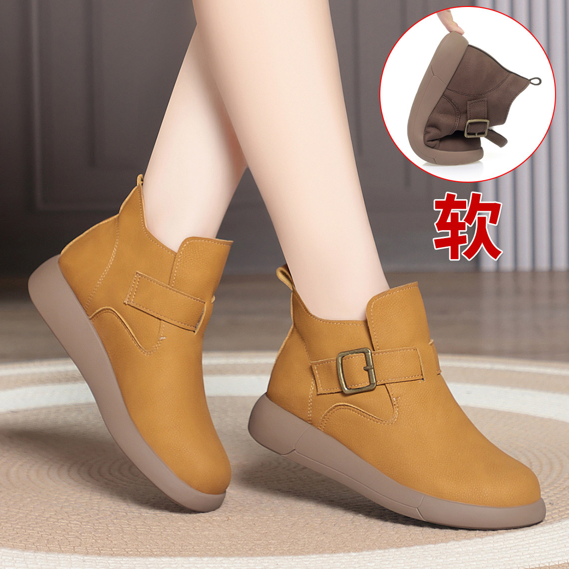 冬季女靴子大黄靴休闲女短靴新款加绒勃肯鞋女款鞋子平底懒人鞋女