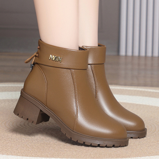 冬季新款真皮女棉鞋休闲中粗跟加绒短靴软底马丁靴女羊毛棉皮鞋子