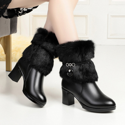 高跟中年妈妈棉靴兔毛短靴羊毛靴