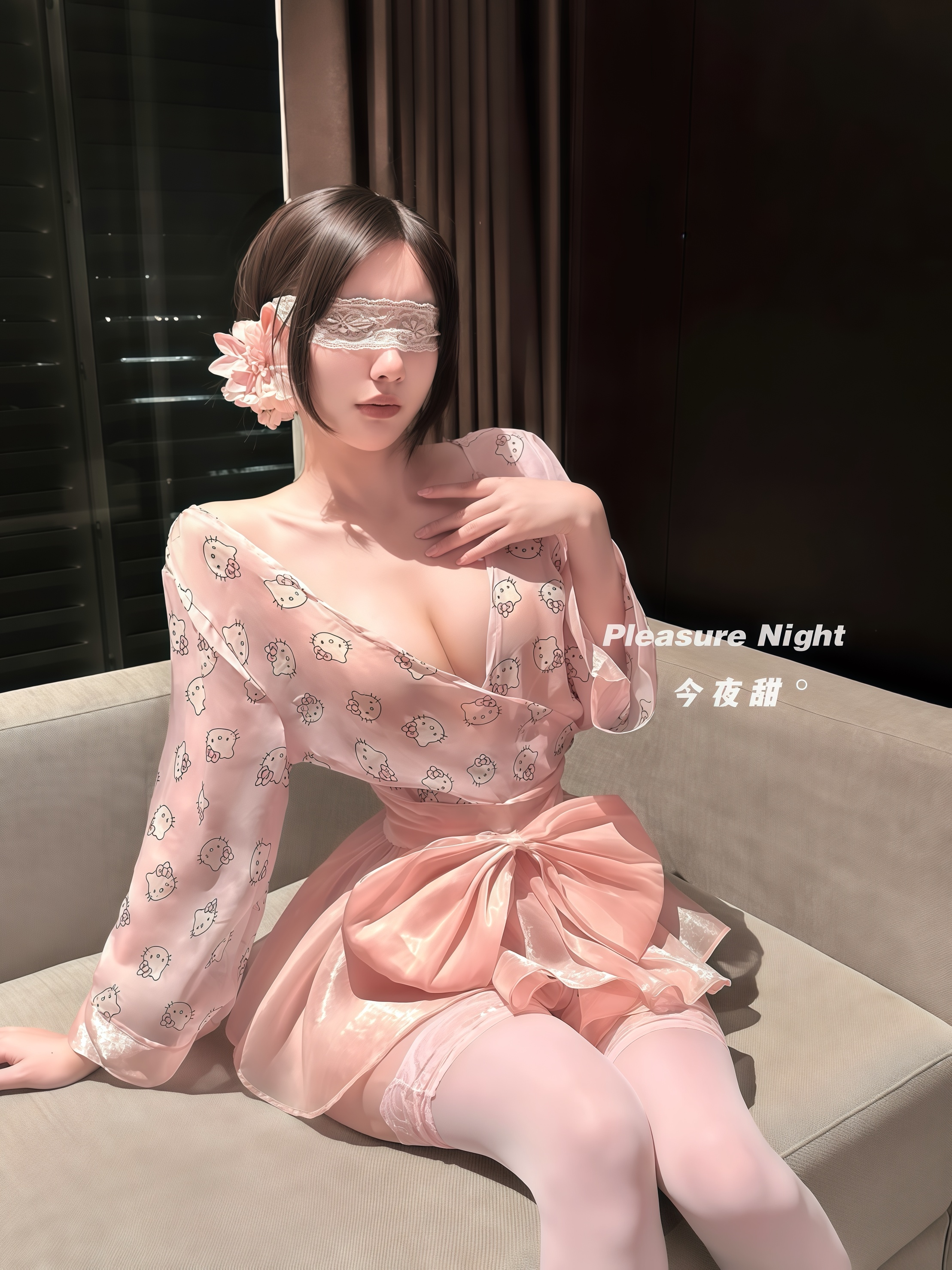 花雾*日系Kitty猫印花蝴蝶结系带深V性感外袍制服套装约会qqny