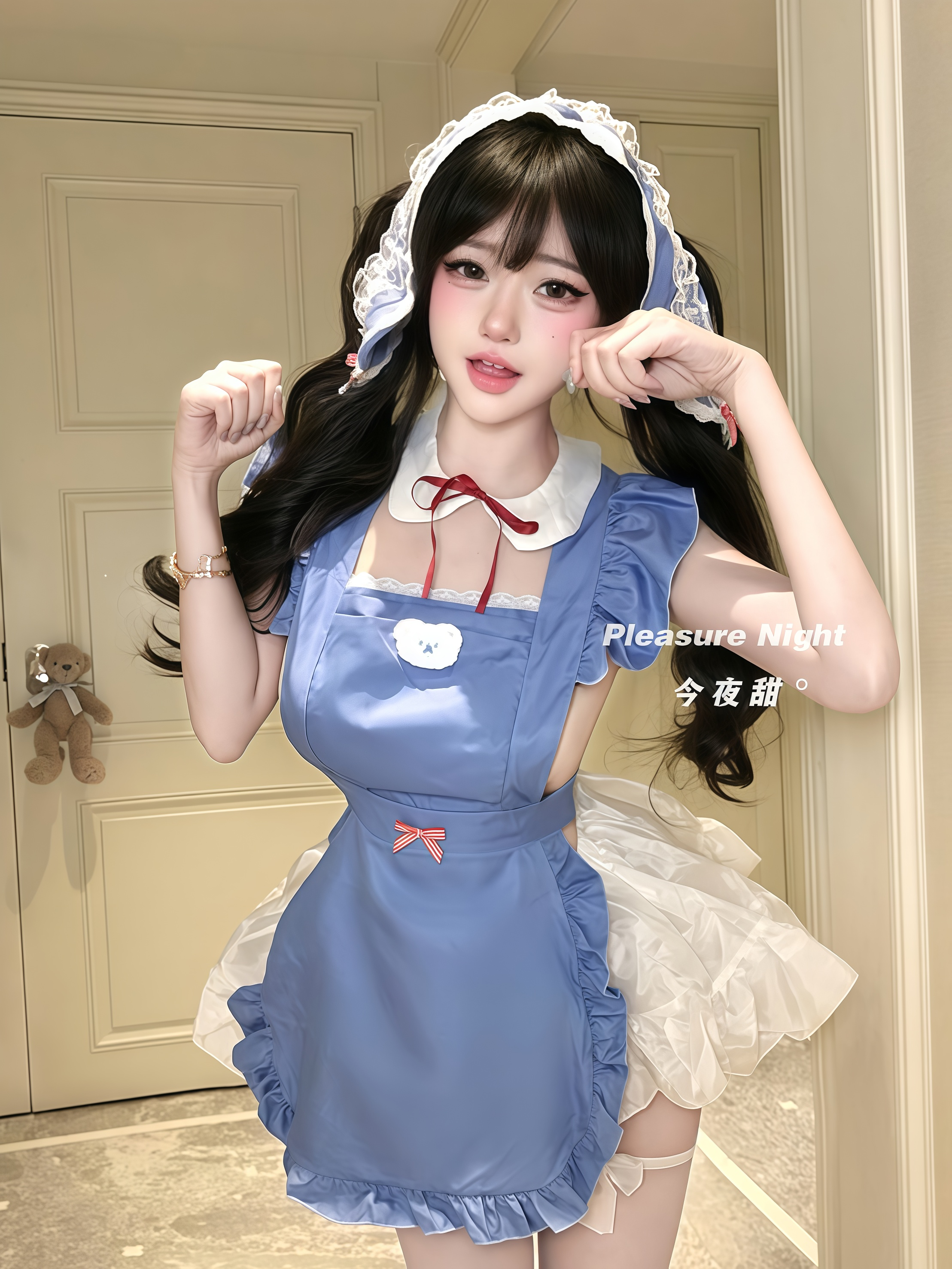 蓝色领域*原创性感纯欲风洛丽塔女仆cos刺绣缎面软妹萌妹制服围裙
