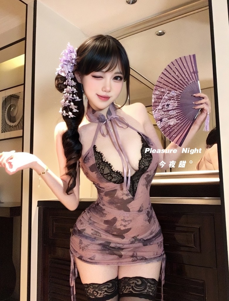 紫韵绮罗*纯欲低胸旗袍睡裙性感蕾丝挂脖诱惑约会制服连衣包臀裙