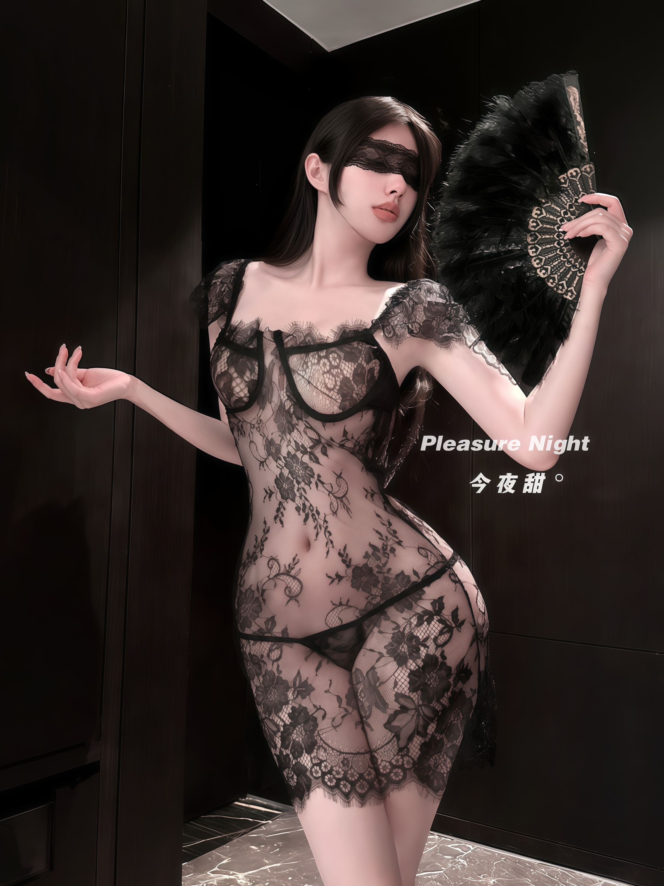 迷夜*黑色蕾丝透视连体衣御姐风情调趣味睡裙镂空花纹包臀连衣裙