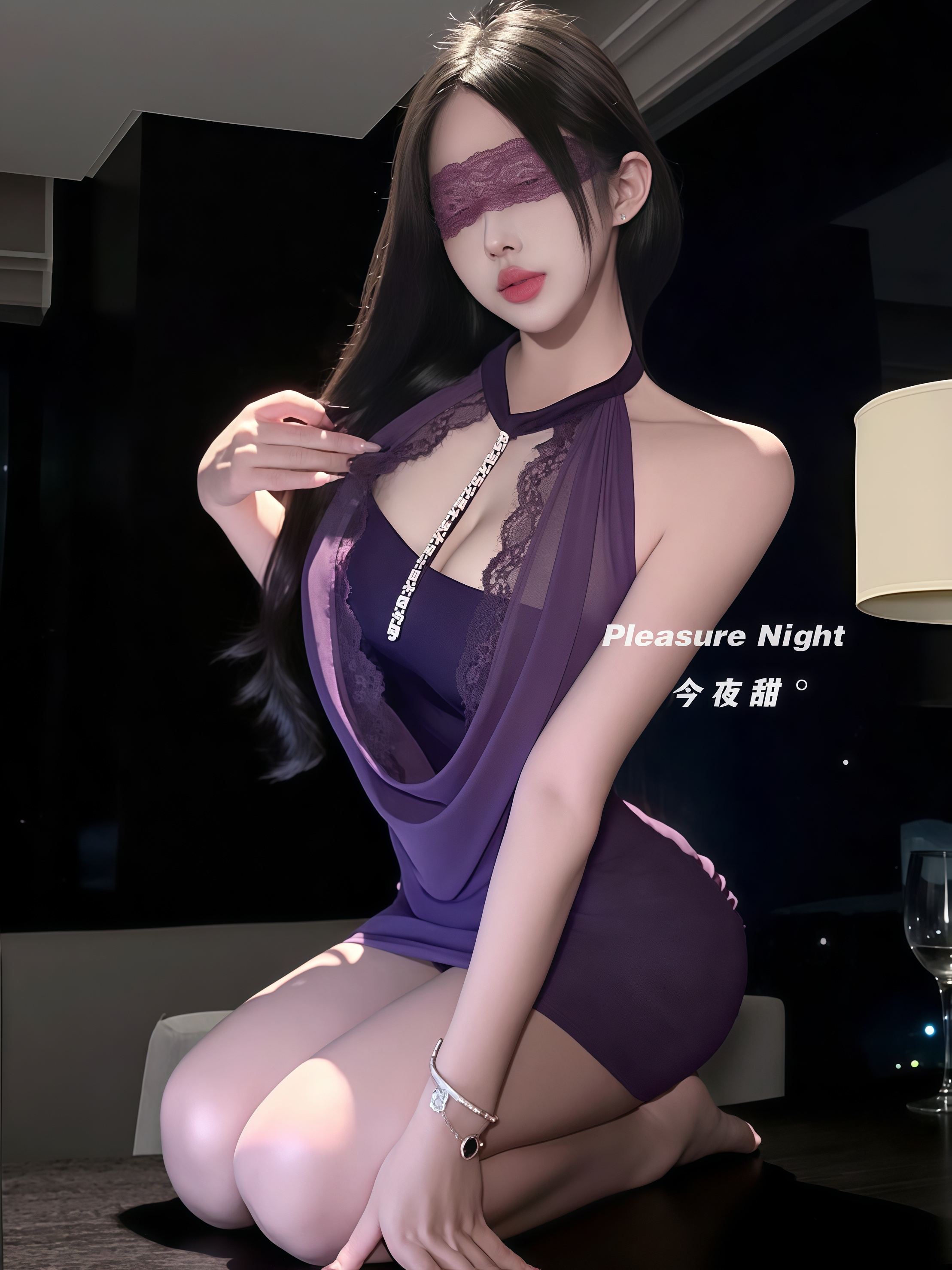 曼陀罗兰*紫色挂脖连衣裙性感辣妹蕾丝网纱透视荡领修身包臀短裙