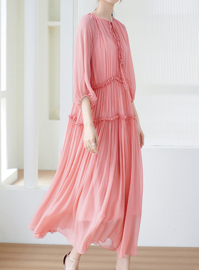 欧美大码真丝连衣裙新款桑蚕丝大牌气质长裙胖MM裙子设计感小众女