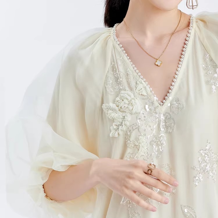 高级感v领真丝连衣裙桑蚕丝礼服裙白色长裙高端轻奢大码胖mm显瘦