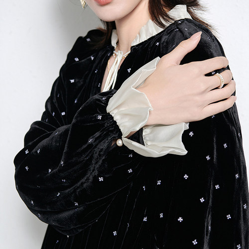 丝绒连衣裙刺绣长裙欧美大码女装