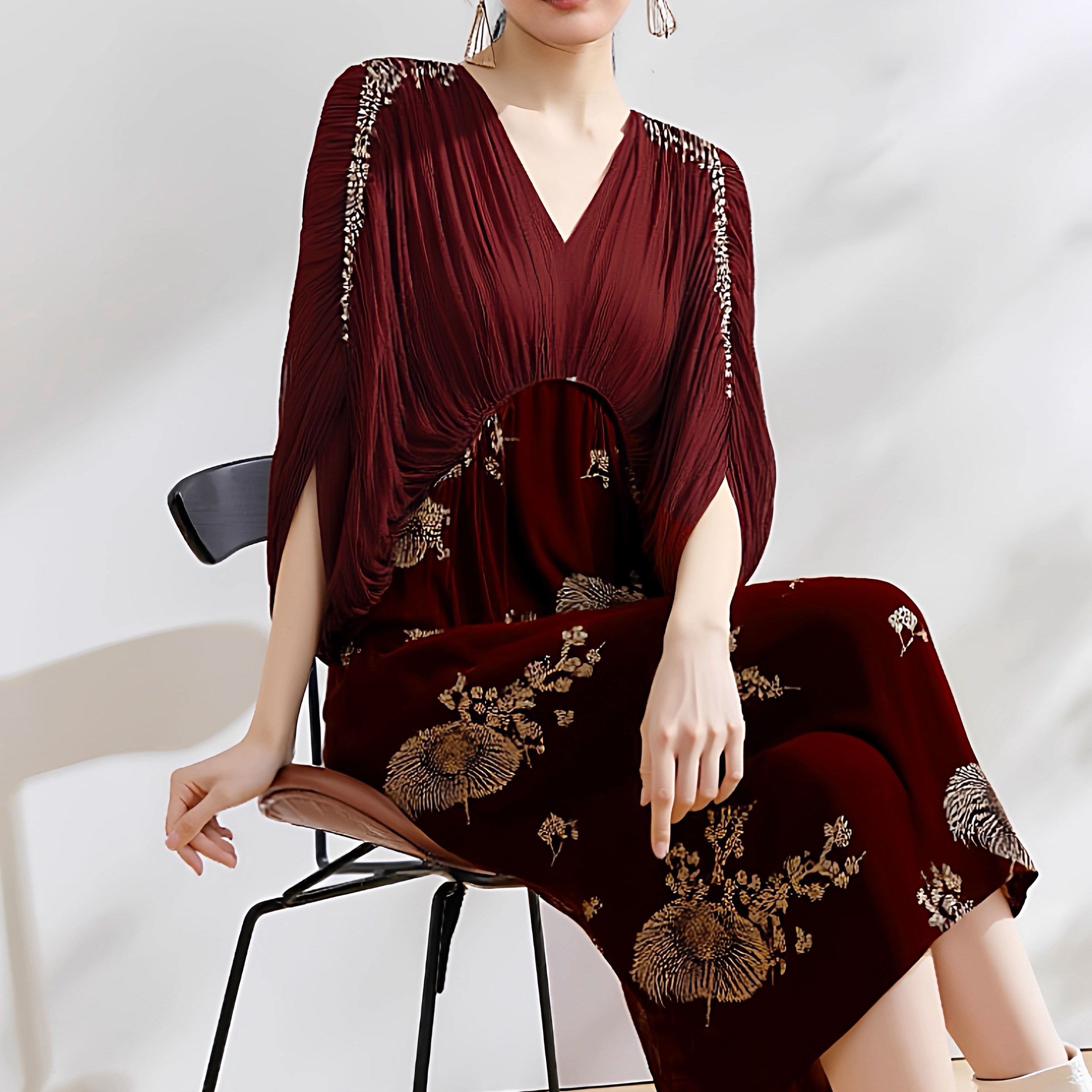 欧美裙复古蝙蝠袖真丝绒红色大码