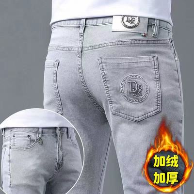 轻奢秋冬款加绒浅灰牛仔裤男士修身直筒潮牌欧货弹力休闲裤子男
