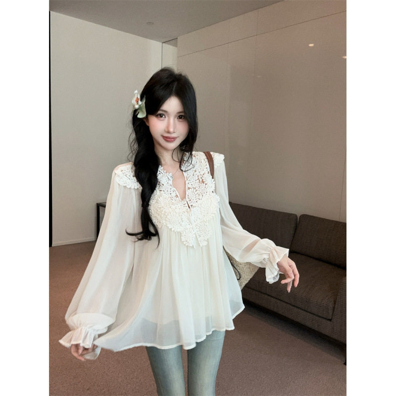 夏季新款韩系辣妹蕾丝雪纺喇叭袖小衫V领衬衫吊带两件套女上衣