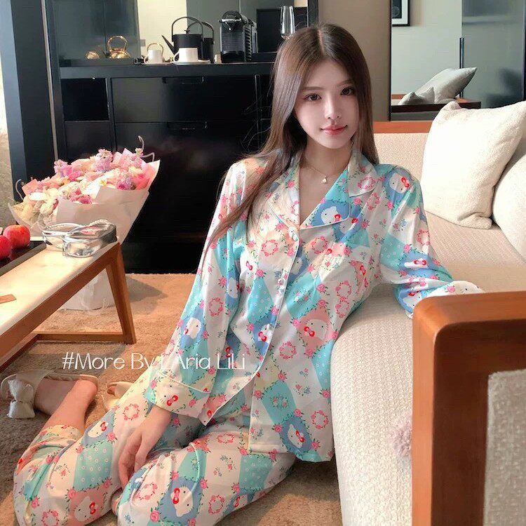 春夏季薄款睡衣女士长袖长裤套装KT猫V领翻领开衫家居服可外穿