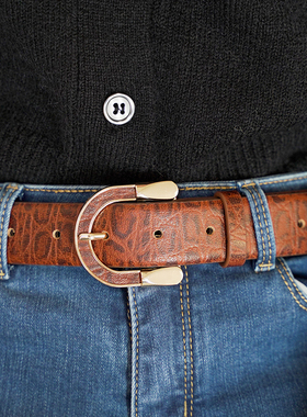 三所vintage琥珀棕头层牛皮腰带针扣复古鳄鱼纹合金百搭优雅皮带