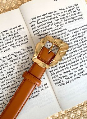 艺术雕塑美学复古牛皮宽腰带小众设计感不规则鎏金扣法式真皮皮带