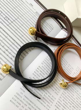 金球头层牛皮细腰带时尚简约纯色皮带圆扣个性装饰裤带简约配裙子