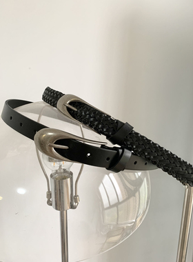 异型银色做旧扣头皮带男 头层牛皮细腰带女个性针扣 编织打结真皮