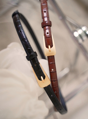 复古时髦鳄鱼纹真皮皮带Vintage细腰带小众设计文艺百搭腰封女士