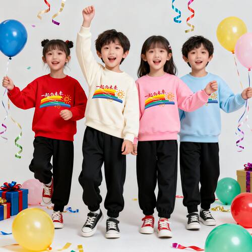 儿童卫衣中小学生活动班服七彩虹一起向未来圆领卫衣秋冬款加绒潮
