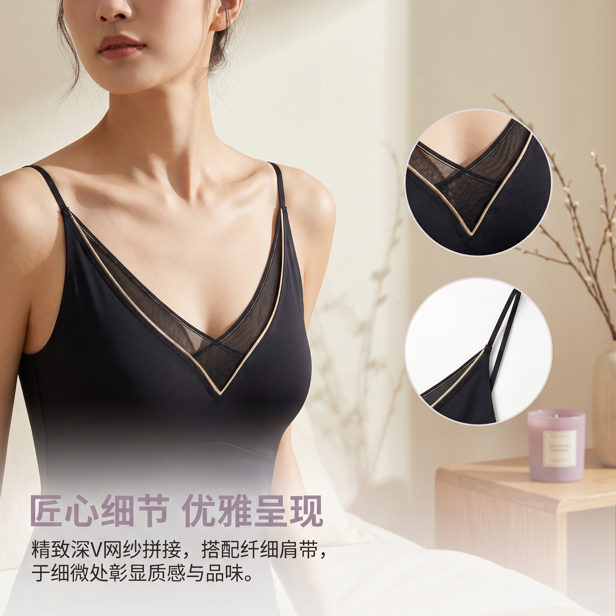 【DaFangLady张大方】高光缎面钻石纱V领带杯背心YJ53552