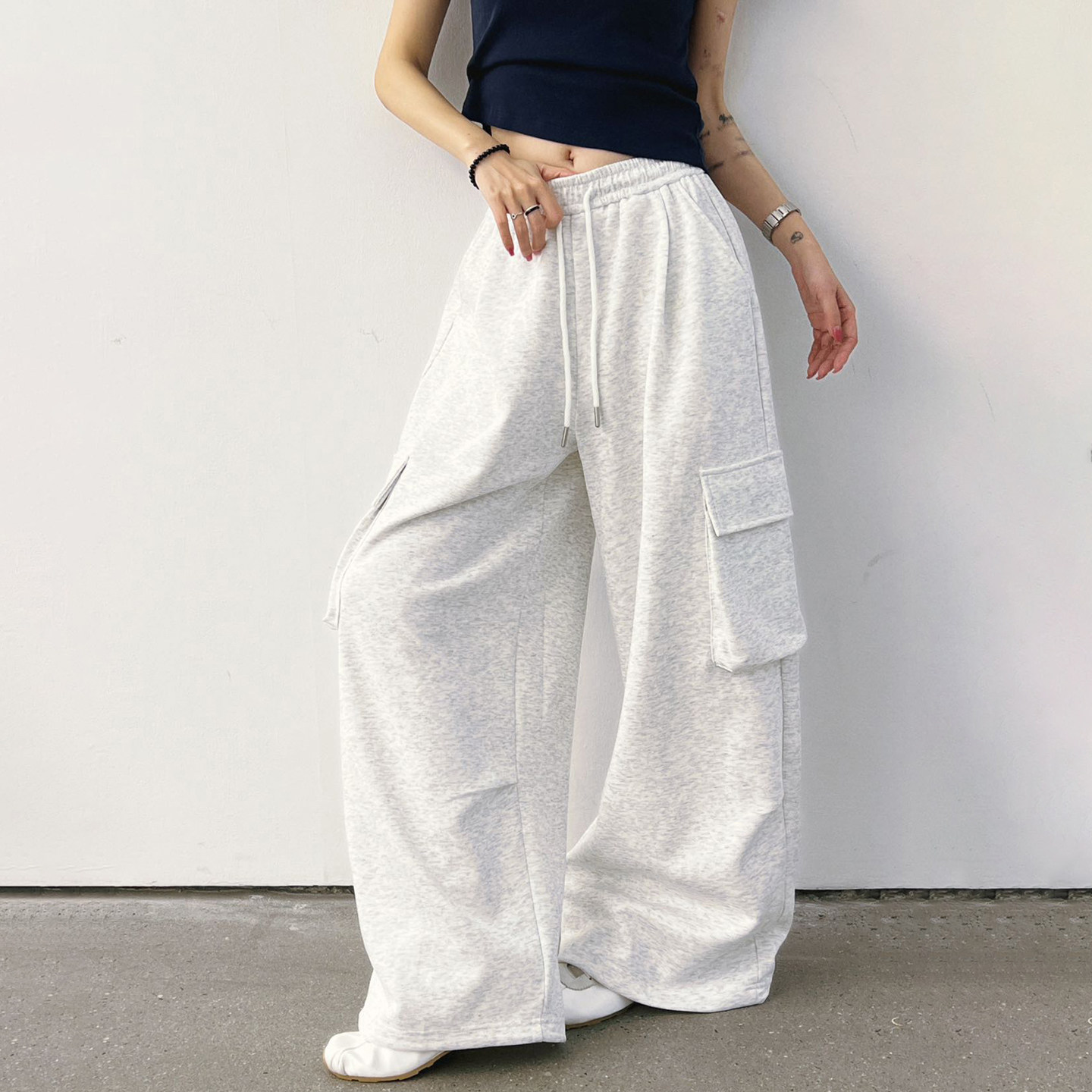 欧洲站工装裤女2026年春季新款大口袋高腰休闲阔腿裤宽松显瘦女士