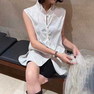 欧洲站立领无袖衬衫女2026年秋季新款宽松纽扣中长款棉质打底上衣