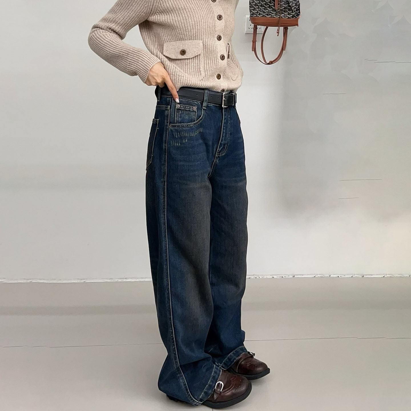 冬季植绒牛仔筷子裤女怀旧水洗潮