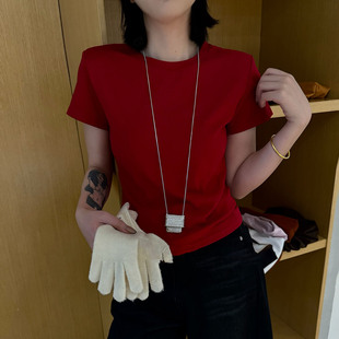 显瘦百搭纯色打底上衣C 圆领垫肩多色修身 欧洲站T恤女2026春季 新款