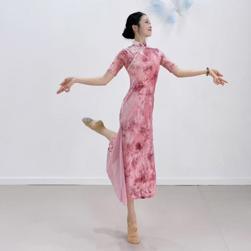 李冠老师知音锁同款古典舞舞蹈服2025新款扎染植绒双层旗袍